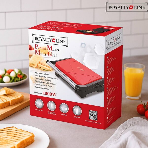 Сандвич тостер - преса Royalty Line RL-PM1000, 1000W, Незалепващи плочи, Червен