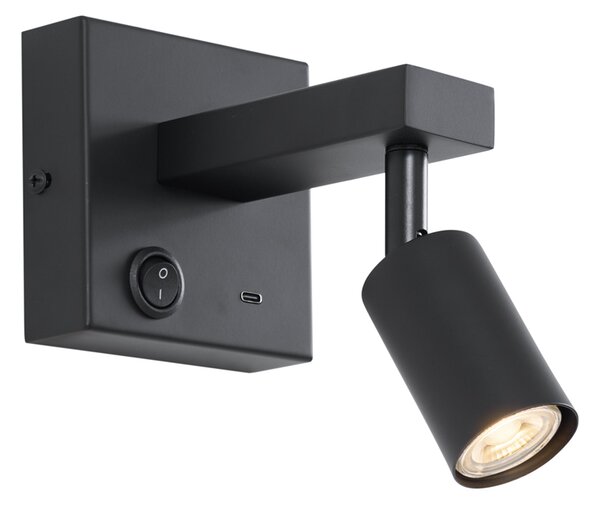 Модерна черна стенна лампа с USB-C, накланяща се - Rex
