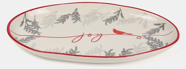 Sinsay - Коледен керамичен поднос с мотив на кардинал и надпис Joy - бял
