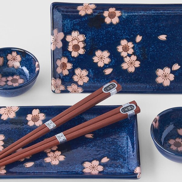 Комплект от 6 части от сини керамични чинии за суши Sakura - MIJ