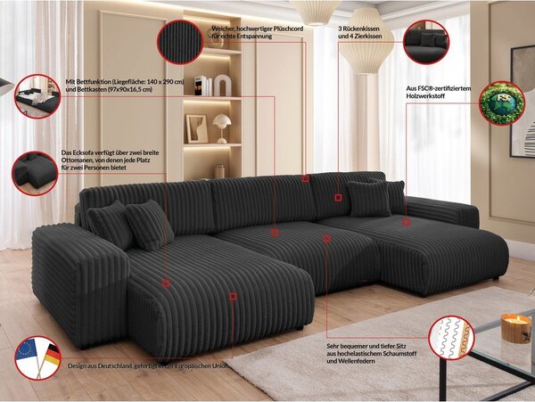 Тъмносив разтегателен ъглов диван с място за съхранение от рипсено кадифе (U форма) Sarina – Ropez