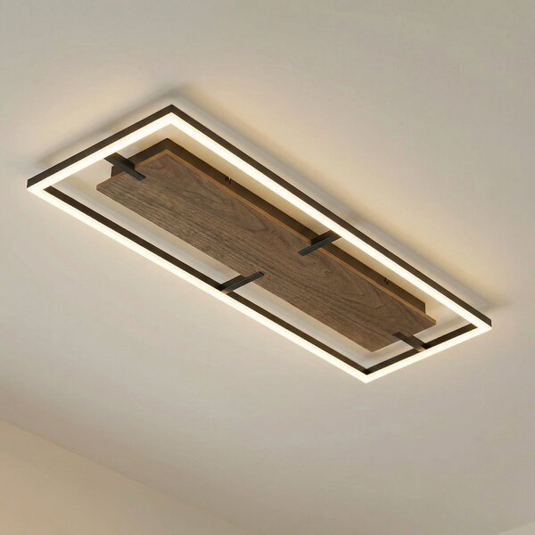 Lucande LED таванна лампа Vectra, 100 x 30 см, дърво, с регулиране на яркостта, Затъмняване, Дърво, Дневна/трапезария, Пластмаса, Модерен