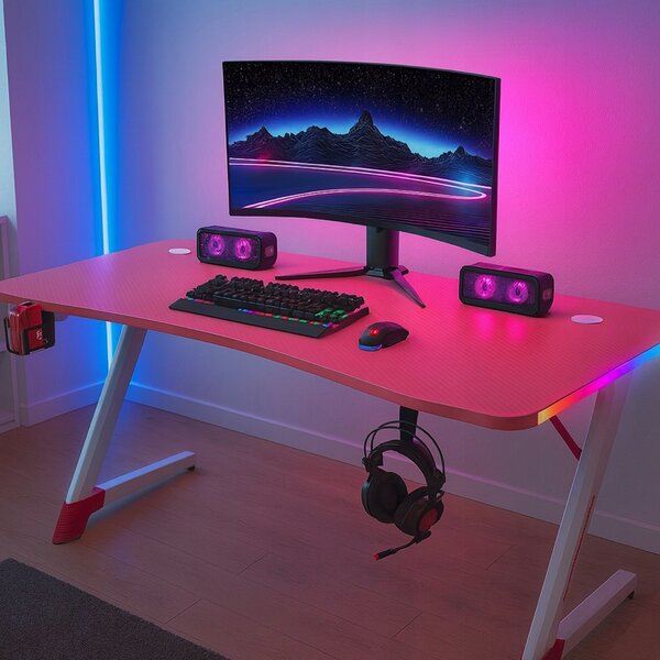 Розова геймърска PC маса с RGB LED осветление Šírka: 120 cm