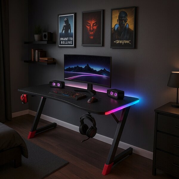Черна геймърска маса, PC маса с RGB LED осветление Šírka: 120 cm