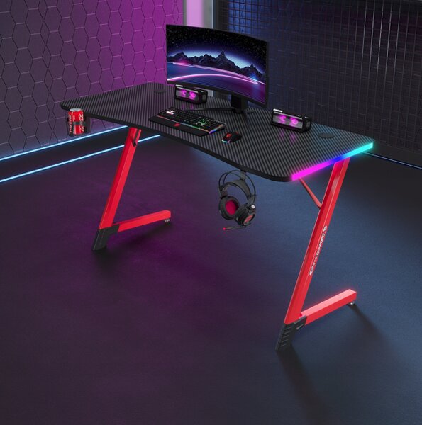 Черно-червена геймърска маса, PC маса с RGB LED осветление Šírka: 120 cm