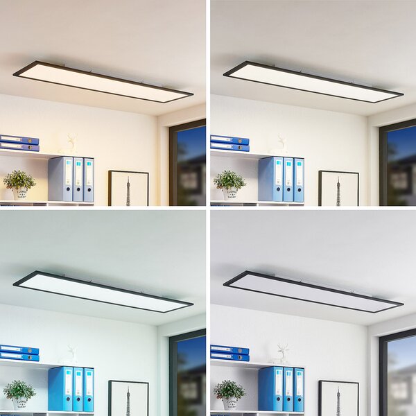 Lindby LED панел Nelios, 120 x 30 cm, CCT, черен, метал, Затъмняване, Черен, Кухня, Пластмаса, Модерен