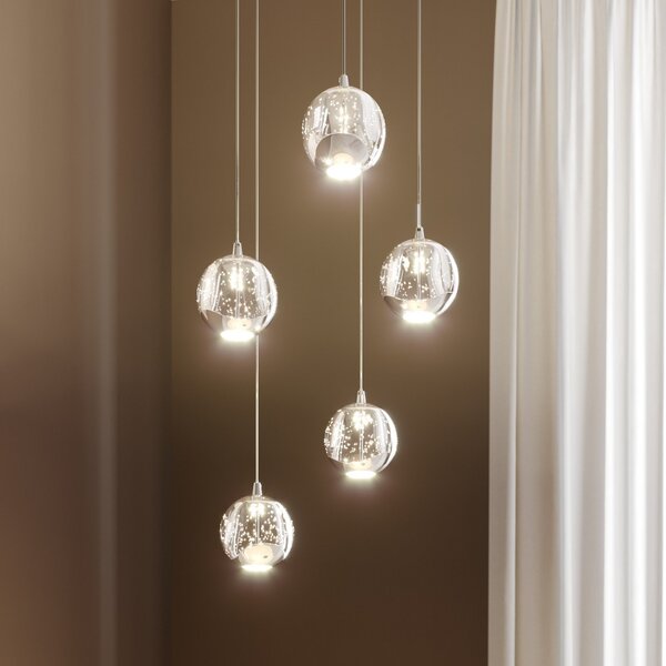 Lucande LED висяща лампа Hayley, Ø 30 cm, 5 светлини, хром, стъкло, Прозрачен, Дневна/трапезария, Стъкло, Модерен