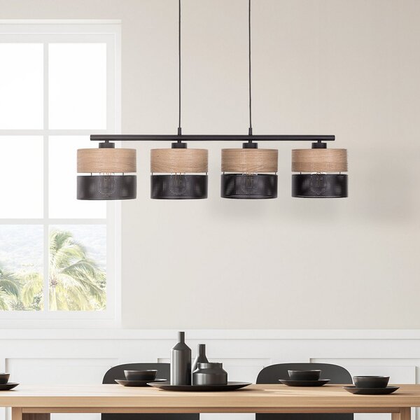 TK Lighting Висяща лампа Nicol, черна/дървесен ефект, 94x20 cm 4 светлини x E27, Затъмняване, Черен, Дневна/трапезария, Метал, Модерен