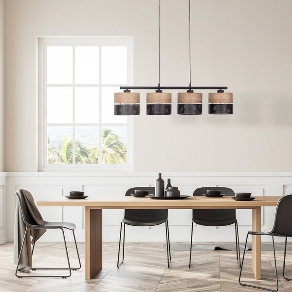 TK Lighting Висяща лампа Nicol, черна/дървесен ефект, 94x20 cm 4 светлини x E27, Затъмняване, Черен, Дневна/трапезария, Метал, Модерен