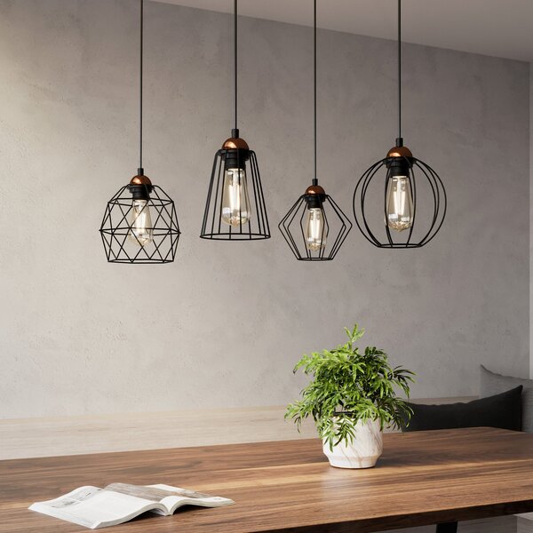 TK Lighting Висяща лампа Galaxy с четири екрана тип клетка, Затъмняване, Черен, Дневна/трапезария, Метал, Модерен