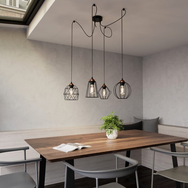 TK Lighting Висяща лампа Galaxy с четири екрана тип клетка, Затъмняване, Черен, Дневна/трапезария, Метал, Модерен