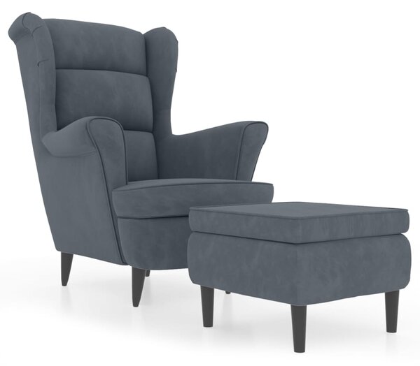 VidaXL Фотьойл Wingback с табуретка, тъмносив, кадифе