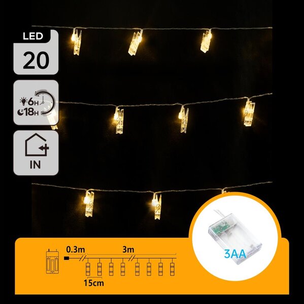 Aigostar - LED декоративен гирлянд с щипки 20xLED/3xAA 3,3m топло бяло