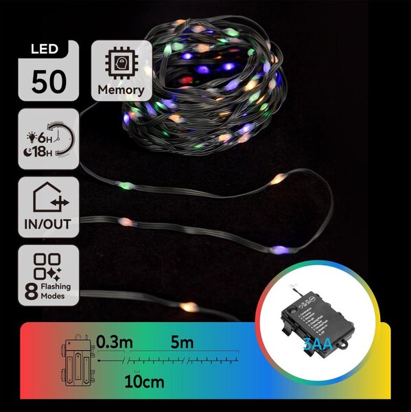 Aigostar - Външен LED гирлянд 50xLED/8 функции 3xAA 5,3m IP44 многоцветен