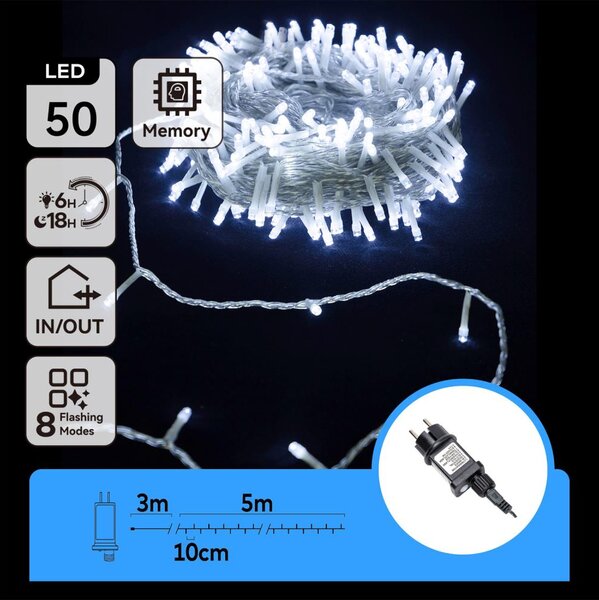 Aigostar - Външна LED гирлянда 50xLED/8 функции 8m IP44 студено бяло