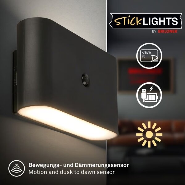 Briloner 3878015 – LED акумулаторна стенна лампа с датчик CHAT, LED/3W/5V, 2000 mAh, черна