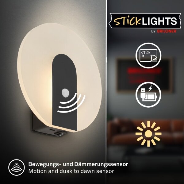 Briloner 3889015 - Презареждаема стенна LED лампа със сензор TARO LED/2,5W/5V 1800 mAh черна