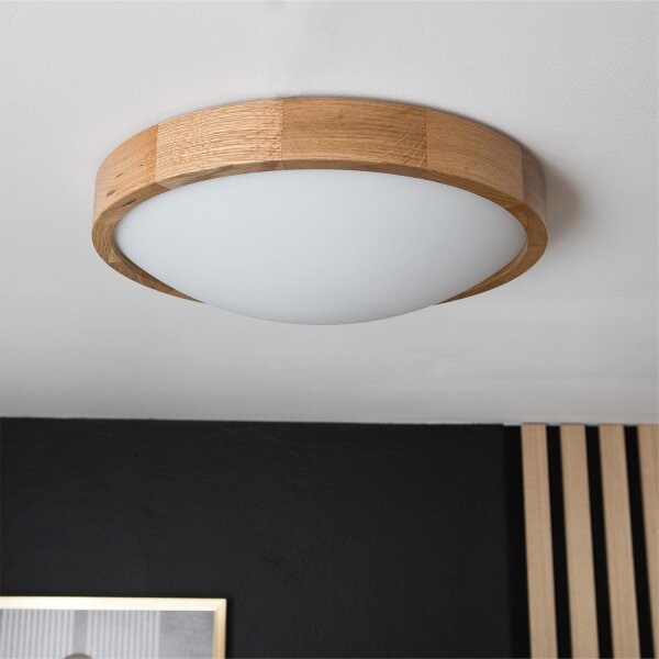 Brilagi-LED RGBW димируема плафонна лампа CARVALHO SLIM 2×E27/9W/230V Wi‑Fi, дъб, Ø 37 см