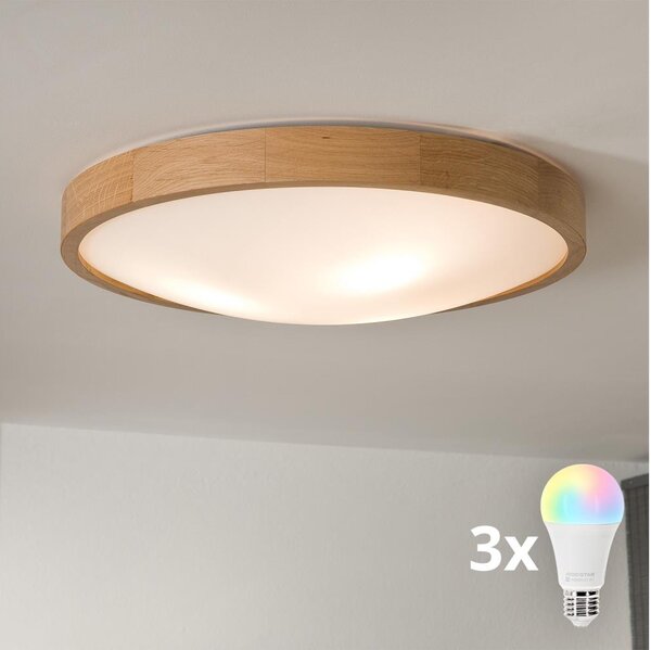 Brilagi-LED RGBW Димируем таванен осветител CARVALHO SLIM 3xE27/9W/230V Wi‑Fi, дъб, Ø47 см