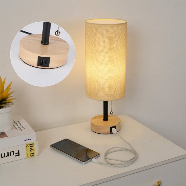 Brilagi - Настолна лампа с USB порт TABLON 1xE27/25W/230V дъб/черно/бежово