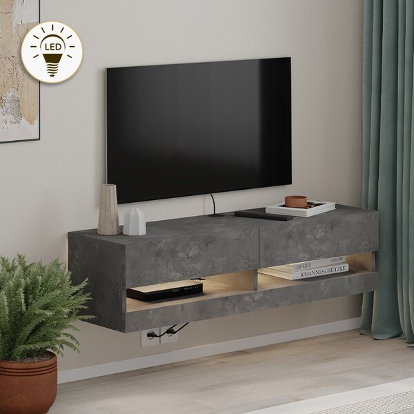 Moon TopMebel меламинов стенен шкаф за телевизор с LED в ретро сив цвят 120x33.8x30cm