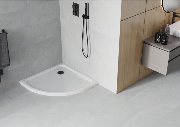 Mexen Flat полукръгъл душ-кабинен поддон slim 80 x 80 cm, бял, черен сифон - 41108080B
