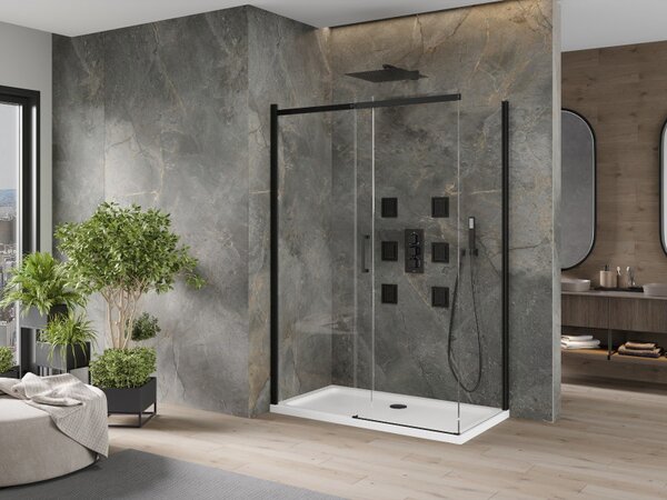 Mexen Omega плъзгаща се душ кабина 130 x 70 см, прозрачна, черна + корито Flat