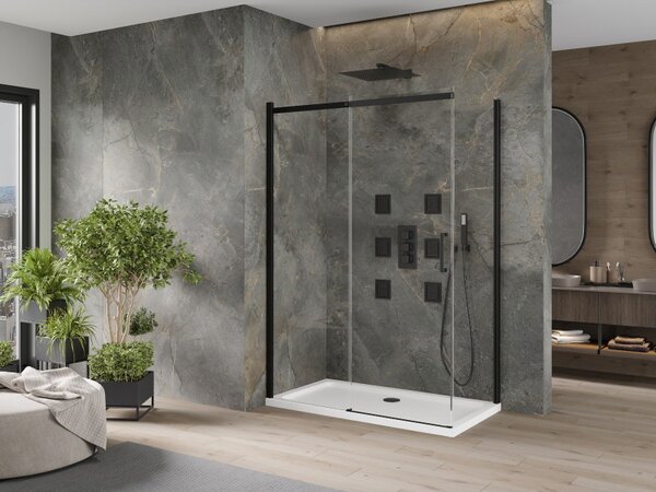 Mexen Omega плъзгаща се душ кабина 130 x 70 см, прозрачна, черна + корито Flat