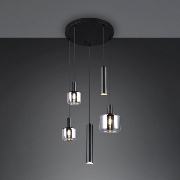 Trio Lighting Висяща лампа Mataro, хром/черно, Ø 55 cm 5 лампи стъкло/метал, Затъмняване, Черен, Дневна/трапезария, Стъкло, Модерен