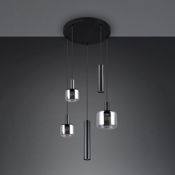 Trio Lighting Висяща лампа Mataro, хром/черно, Ø 55 cm 5 лампи стъкло/метал, Затъмняване, Черен, Дневна/трапезария, Стъкло, Модерен