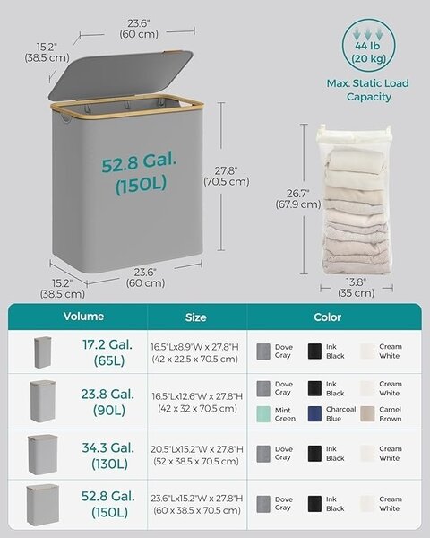 Сив кош за пране Songmics 60x38.5x38.5x70.5 cm