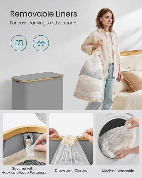 Сив кош за пране Songmics 60x38.5x38.5x70.5 cm
