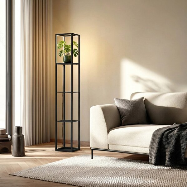 Lindby LED стояща лампа Birta, рафт, 155 cm, черна, метал, Затъмняване, Черен, Дневна/трапезария, Метал, Модерен