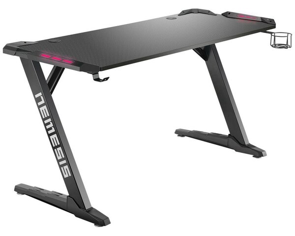Компютърно бюро Nitro Concepts Nemesis Pro Led, 1400 x 600 x 750 mm, поставка за слушалки и напитка, нивелиращи крачета, два кабелни отвора, LED осветление, черно