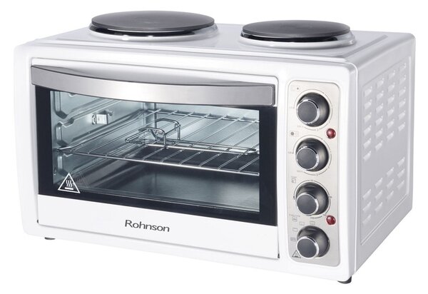 Мини готварска печка Rohnson R-2128, електрическа, 2 нагревателни зони, 28 л. капацитет на фурната, бяла