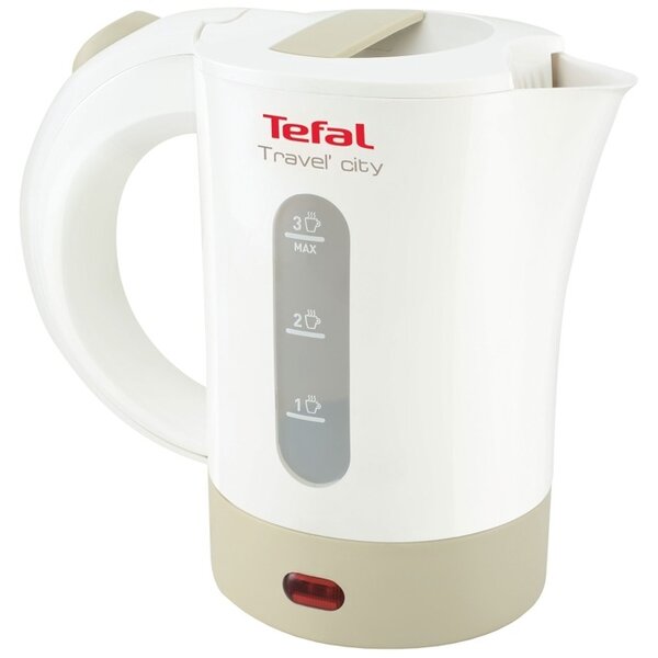 Електрическа кана Tefal Travel'City KO120, 0.5 литра обем, Двойна мощност 1200W/2400W, 2 чашки и 2 лъжички, бяла/сива