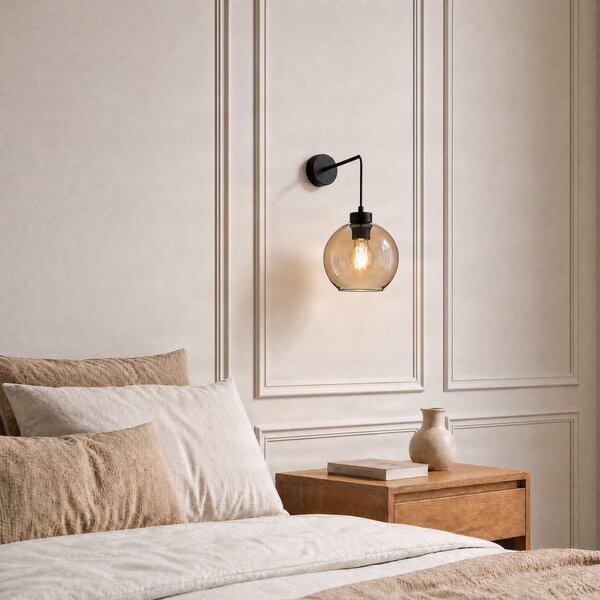 TK Lighting Стена лампа Cubus, черен/кехлибар, стъкло, Ø 18 cm, E27, Затъмняване, Кафяв / ръждив, Дневна/трапезария, Стъкло, Модерен, Глобус