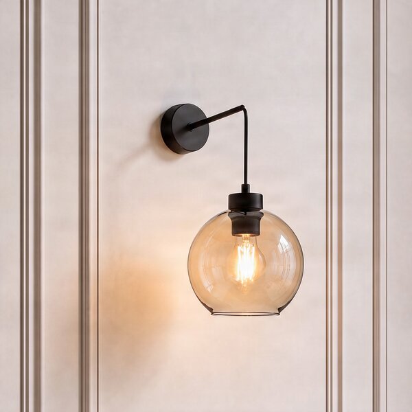 TK Lighting Стена лампа Cubus, черен/кехлибар, стъкло, Ø 18 cm, E27, Затъмняване, Кафяв / ръждив, Дневна/трапезария, Стъкло, Модерен, Глобус