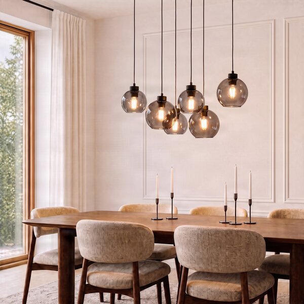 TK Lighting Кубична висяща лампа, димно сиво, стъкло, дължина 74 см, 6 светлини, Затъмняване, Сив, Дневна/трапезария, Стъкло, Модерен