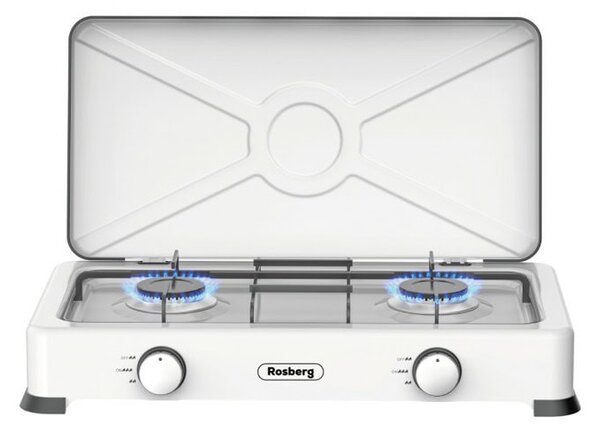 Газов котлон Rosberg R51454E2 white, 2 нагревателни зони, въглеродна стомана, скара за тиган, бял