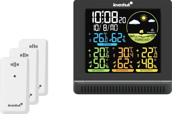 Електронна метеостанция Levenhuk Wezzer Plus LP40, включени 3бр. външни датчика, цветен екран, часовник, будилник, календар, термометър, влагомер, черна