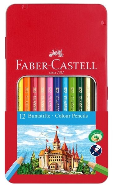 Цветни моливи Faber-Castel Замък, различни цветове, 12 бр., метална кутия