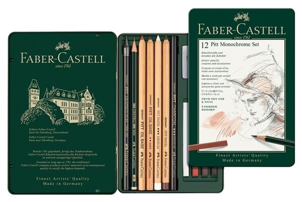 Моливи Faber-Castell Pitt Monochrome, чернографитни, различни цветове, 12 бр, метална кутия