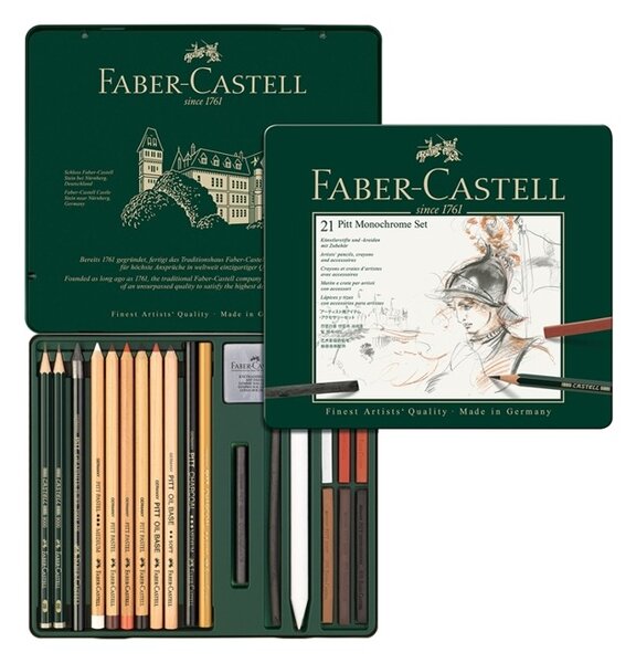 Моливи Faber-Castell Pitt Monochrome, чернографитни, различни цветове, 21 бр, метална кутия