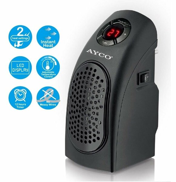 Вентилаторна печка Ayco AHH-400, за баня, 2000W, 3 степени на мощност, таймер, черна