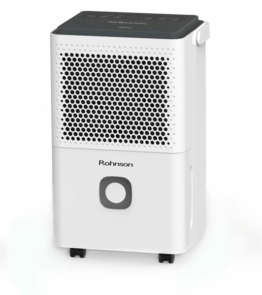 Обезвлажнител Rohnson R-91312, 145 W, 2 l резервоар, помещения с площ до 60 м², възможност за постоянен дренаж, ниско ниво на шум, бял