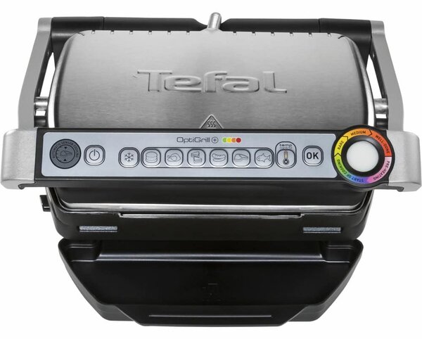 Грил преса Tefal OptiGrill GC716D12, светлинен индикатор, автоматична сензорна технология, 2000W, черна/сребриста