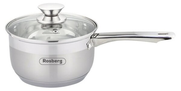 Касерола Rosberg R51210H16K, вместимост 1.9 l, 16 cm диаметър, неръждаема стомана, капак, инокс