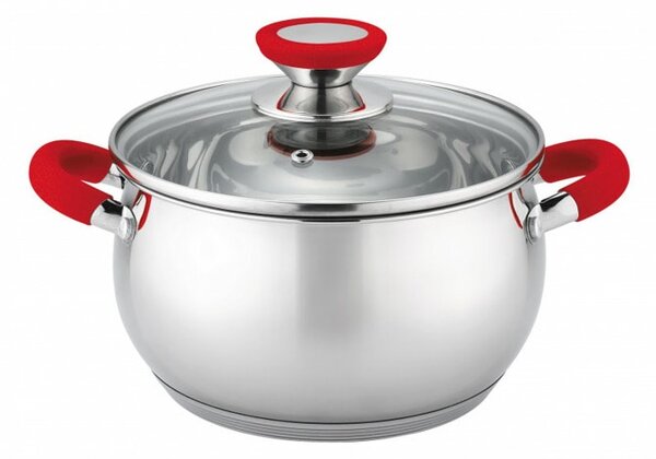 Тенджера Voltz OV51210N18, вместимост 2.5l, 18cm диаметър, неръждаема стомана, капак от закалено стъкло, инокс, силиконови червени дръжки