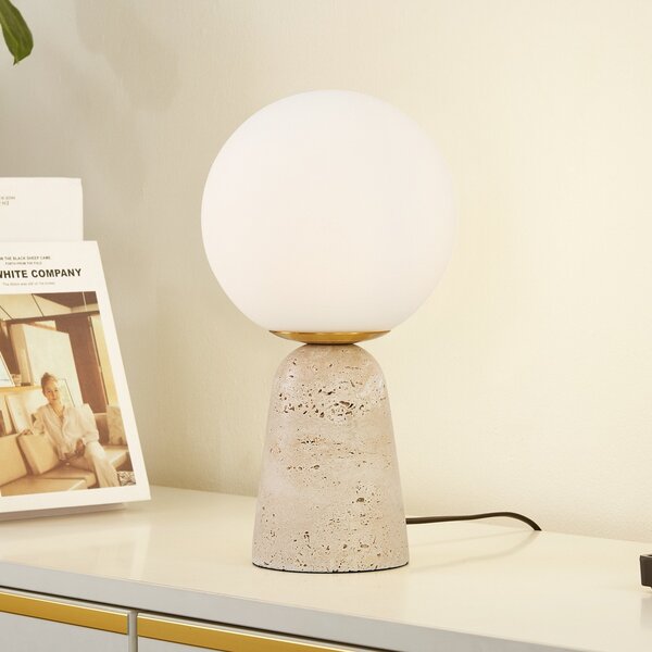 Lindby Настолна лампа Kirstan, бежово, бяло, стъкло, камък, 33 cm, Бял, Дневна/трапезария, Стъкло, Модерен
